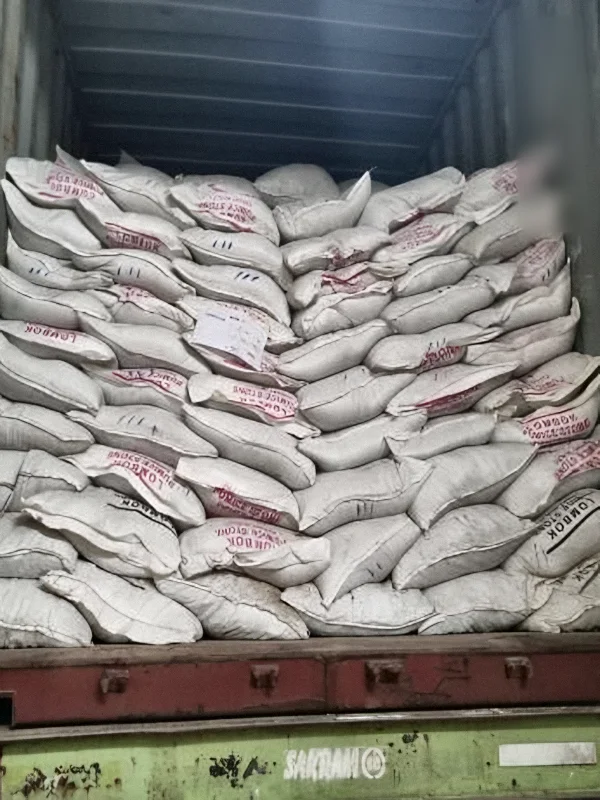 Pumice bags packed up to the container doors