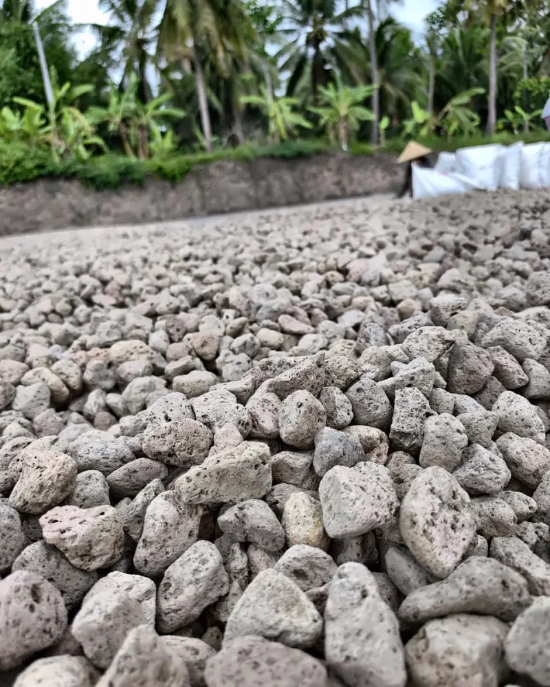 Pumice stones spread across a yard, with filled white bags and a worker at the back